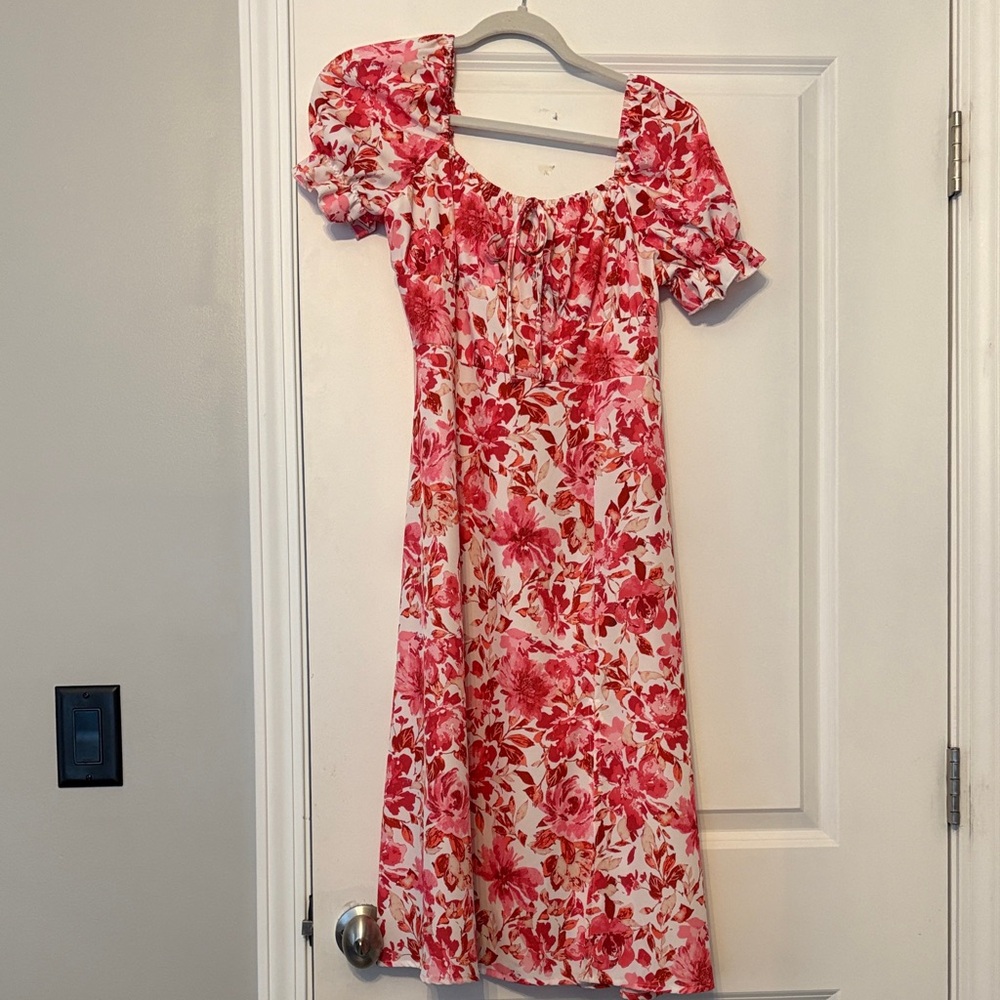 SHEIN Red and Pink Floral Midi Dress